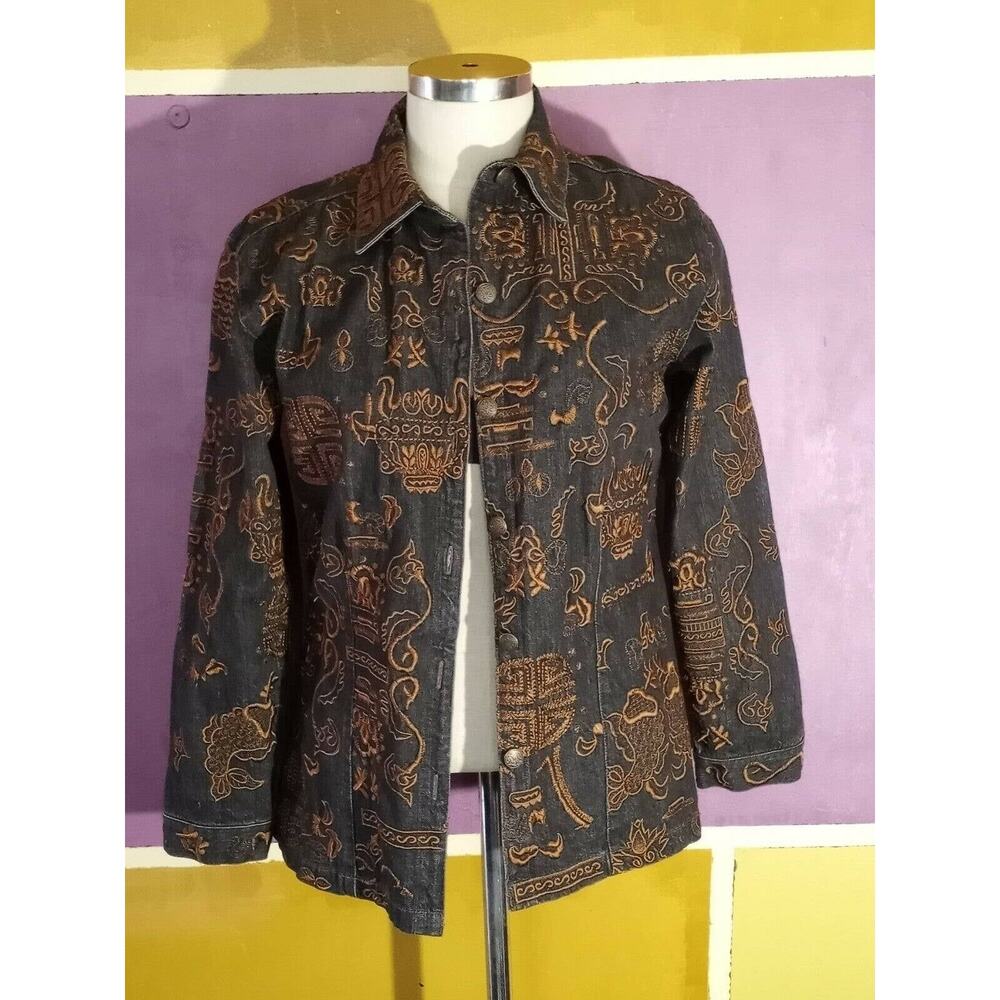 Chico's Size 2 Embroidered Denim Jacket Brown Button Down